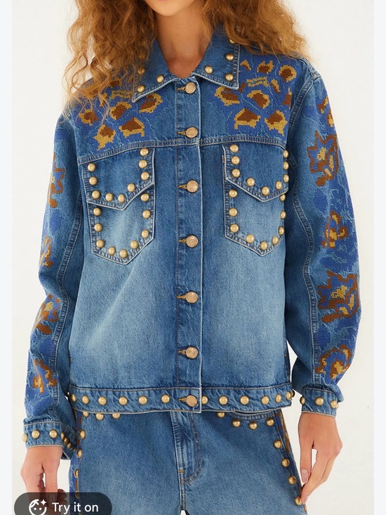 FARM Rio Jackets & Blazers - FARM Rio Blue Denim Studded Jacket with Embroidered Accents